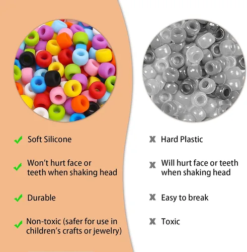 Miniatura 4 de 300 piezas de cuentas de pony de silicona para trenzar el cabello, colores negros 6 * 9 mm cuentas de kandi suaves para hacer pulseras, bolígrafos