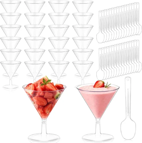 Miniatura 9 de Yinkin 50 tazas y 50 cucharas, vasos de martini de plástico desechables, vasos de cóctel, mini tazas de martini de plástico, vasos shot de postre