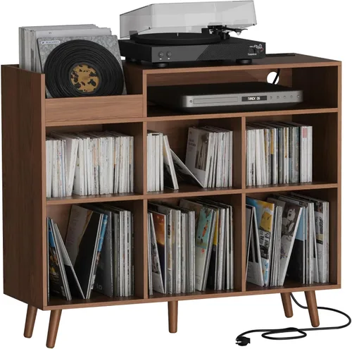 Miniatura 13 de Cozy Castle Soporte grande para tocadiscos con armario de almacenamiento de vinilo, mesa giratoria de madera, soporte abierto para hasta 500 Negro