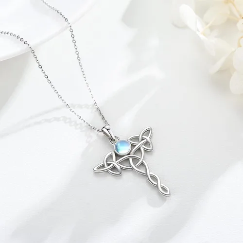 Miniatura 2 de Celtic Knot Necklace 925 Sterling Silver Pentagram Necklace Moon Pentacle Pendant Cross Triple Moon Goddess Amulet Moonstone Jewelry Gifts for Women