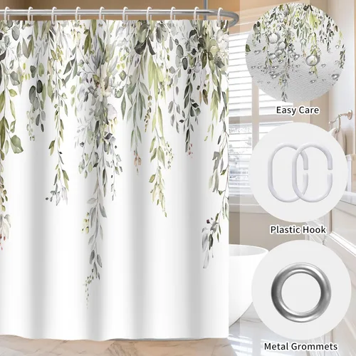 Miniatura 4 de Cortina de ducha verde salvia con eucalipto para baño, cortina de baño impermeable y lavable de tela con hojas de acuarela, juego de cortina
