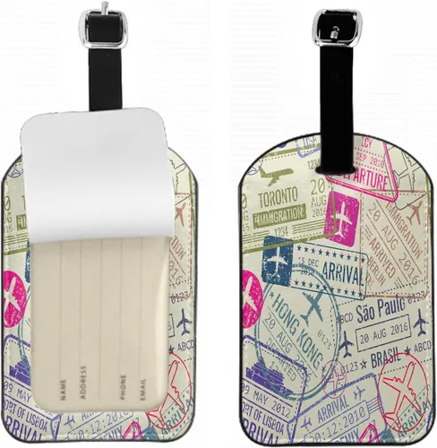 Etiquetas de identificación para maleta de pasaporte, sellos, visas de turista, aviones, barcos, etiquetas de equipaje con correas de hebilla