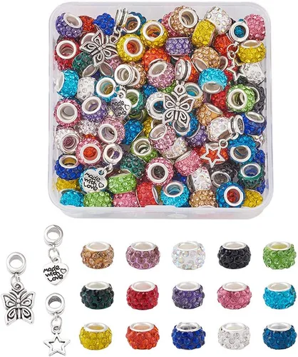 Craftdady 150 cuentas europeas de arcilla polimérica con agujeros grandes, cuentas espaciadoras de diamantes de imitación, 15 colores con 6