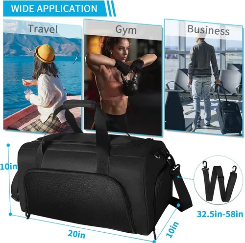Miniatura 5 de Bolsa de lona para gimnasio, bolsa de lona pequeña de 20 pulgadas con bolsillo húmedo y compartimento para zapatos para viajes, deportes, fin
