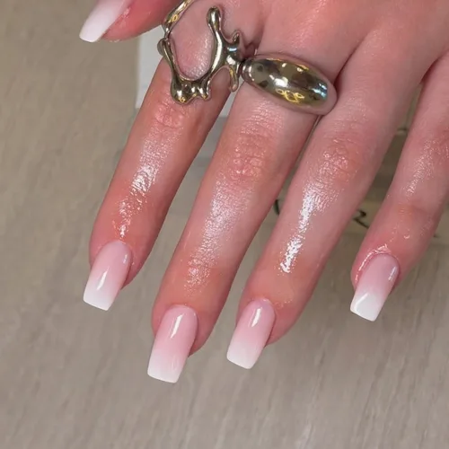 Miniatura 22 de Uñas postizas a presión color rosa bebé, uñas postizas cuadradas medianas con pegamento en uñas de longitud media, uñas acrílicas cortas