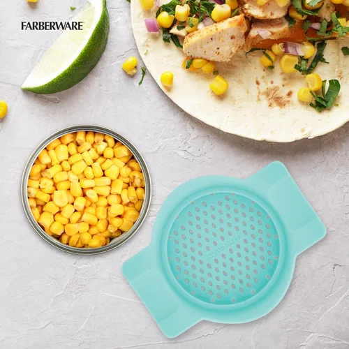 Miniatura 6 de Farberware Colador y colador de latas clásico, Aqua Sky, colador de tapa a presión para atún, verduras enlatadas, pasta, frutas, se adapta a latas