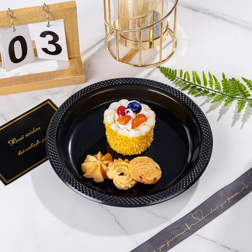 Miniatura 9 de WELLIFE Platos de plástico negro de 7 pulgadas, 50 unidades, platos desechables para fiestas de Año Nuevo, platos pequeños de postre para cena