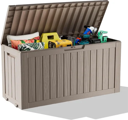 Miniatura 22 de Caja de cubierta para exteriores de 120 galones, cajas de almacenamiento impermeables con cerradura para herramientas de jardín, cojines de Gris