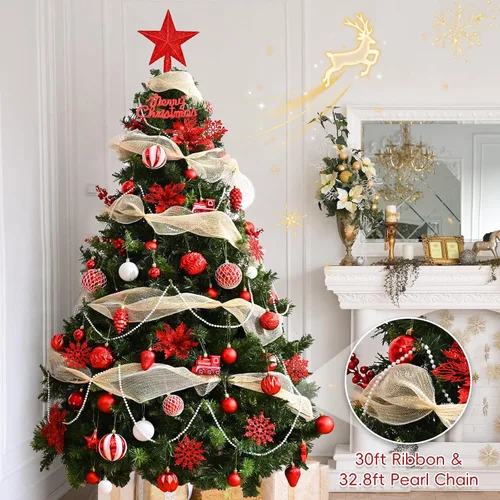 Miniatura 4 de Ktinnead Juego de 94 piezas de decoración para árbol de Navidad, adornos rojos inastillables para colgar en el árbol de Navidad con flores de pascua