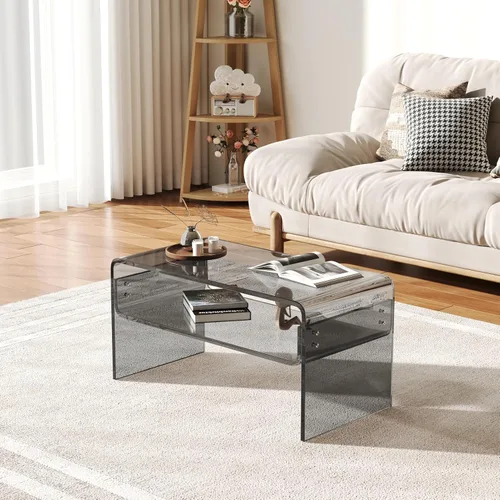 Miniatura 2 de Mesa auxiliar acrílica, mesa auxiliar moderna rectangular negra, mesa de té con almacenamiento abierto, adecuada para sala de estar, recepción