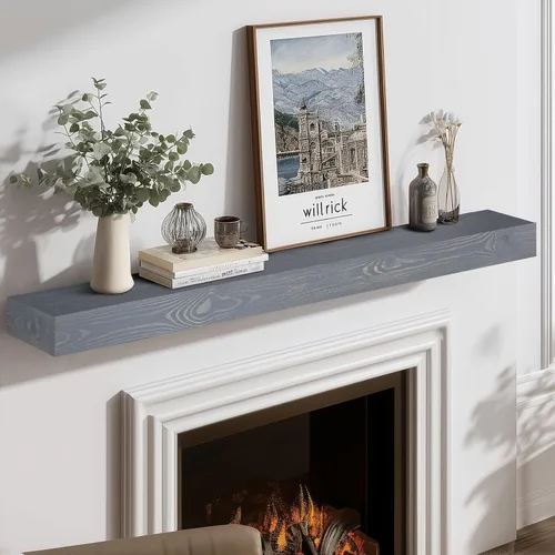 Miniatura 27 de Repisa de chimenea de 48 pulgadas, madera maciza rústica hecha a mano de 3 pulgadas de grosor, estante flotante largo de pared con soporte de metal
