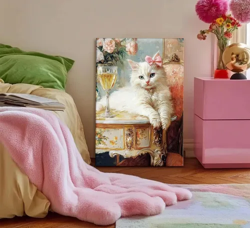 Miniatura 7 de Elegante lienzo vintage para pared, diseño de gato blanco caprichoso, divertido y retro, cuadro de carrito de bar, pintura ecléctica de animales