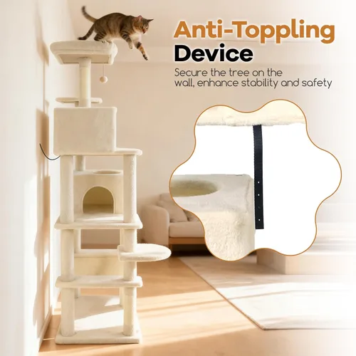 Miniatura 7 de DORTALA Árbol moderno para gatos de 75 pulgadas de alto, torre para gatos de varios niveles con condominios grandes, postes rascadores de sisal