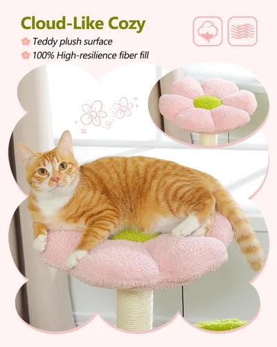 Miniatura 7 de MUTTROS Árbol de flores para gatos, torre para gatos de 28 pulgadas con acogedora percha de flores, hamaca grande para gatos pequeños