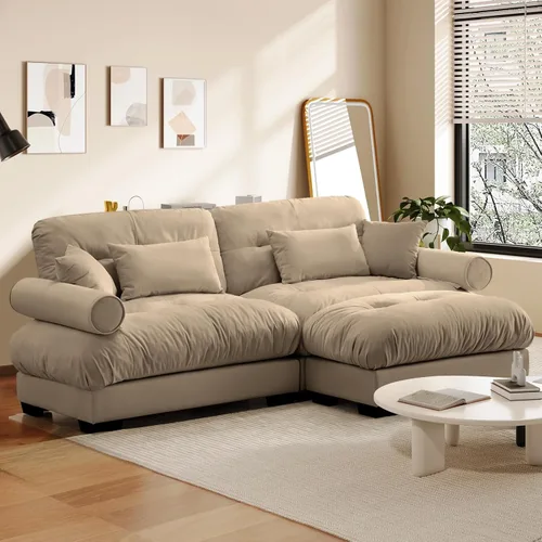 Miniatura 37 de Reposapiés Otomano Tapizado de Terciopelo con Cojín para Sofá Seccional Sofá 300 libras para Sala de Estar (Beige)