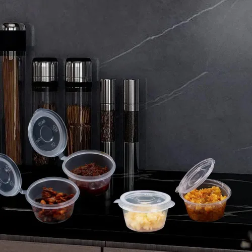 Miniatura 5 de OULIGET Vasos de Soufflé de Plástico, Vasos Desechables Transparentes para Salsa a Prueba de Fugas con Tapa Articulada, Utilizados para Varias