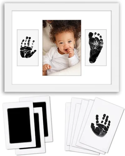 Americanflat Kit de manos y huellas de bebé sin tinta con 3 almohadillas de tinta sin ensuciar, marco de 9 x 12 pulgadas con alfombrilla para 3