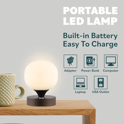 Miniatura 5 de JONATHAN Y JYL7112A - Lámpara de mesa LED recargable moderna de bronce aceitado de 6.13 pulgadas, pantalla de vidrio blanco esmerilado, luz táctil