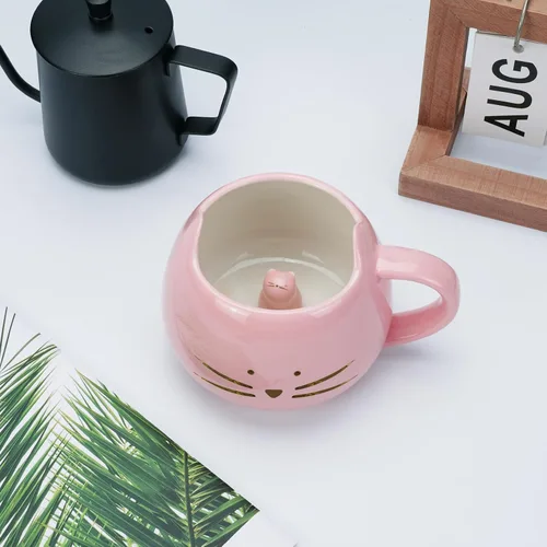 Miniatura 5 de Taza de gato Koolkatkoo Lindas tazas de café de cerámica Tazas de té novedosas con animal 3D oculto en la taza para mujeres Niñas Regalos para Rosa
