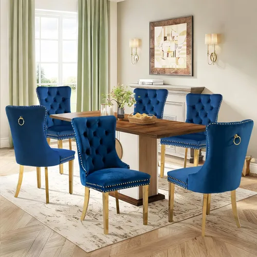 Miniatura 121 de Juego de 2 sillas de comedor de terciopelo tapizadas con ribete de cabeza de clavo y patas doradas chapadas en acero inoxidable para cocina