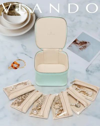 Miniatura 3 de Vlando Joyero de viaje, estuche de viaje para joyería con 6 bolsillos de terciopelo con cremallera, organizador de joyas de viaje para anillos