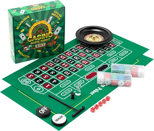 Miniatura 2 de Lunmon Casino Night - Juego completo 4 en 1, 2 alfombrillas de diseño de fieltro de doble cara, rueda de ruleta de 10 pulgadas, 200 fichas