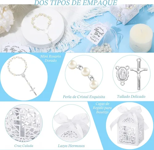 Miniatura 3 de MTLEE El juego de 100 piezas de recuerdos de bautismo incluye mini rosario, cajas de recuerdos de bautismo, bolsas de organza blanca con cordón