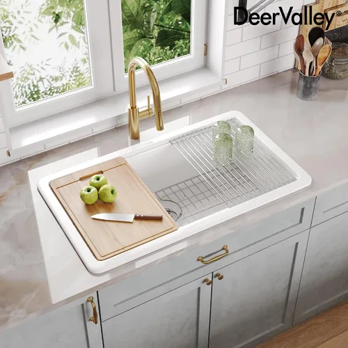 Miniatura 10 de DeerValley Fregadero de Cocina Empotrado de 45.7 cm L x 45.7 cm A Fregadero de Un Solo Tazón de Barro Refractario Cuadrado para Barra con Rejilla