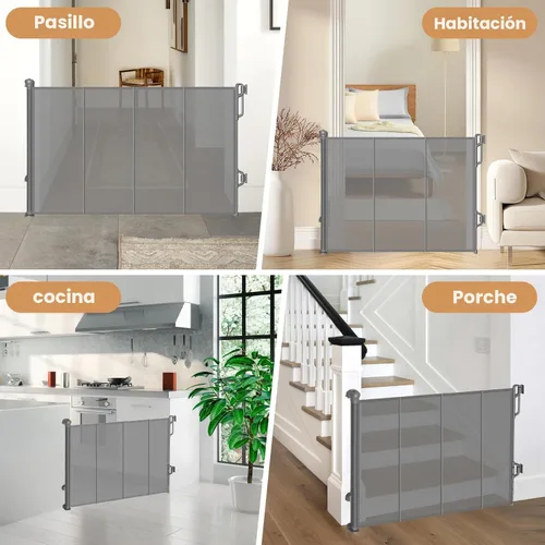 Miniatura 6 de SPACEANY Puerta retráctil reforzada para bebé, puerta de malla para perros, puerta de seguridad infantil para puertas, escaleras, pasillos, Gris