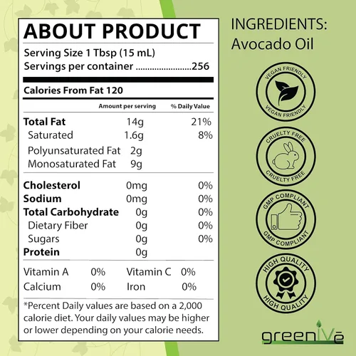 Miniatura 2 de GreenIVe Aceite de aguacate cultivado naturalmente 100% puro y natural sin aditivos, limpio, prensado en frío, sin OMG, vegano: para cocinar, freír
