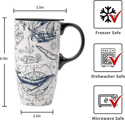 Miniatura 2 de Taza de cerámica Topadorn de porcelana para café con leche y té con caja de regalo, 17oz. Taza de viaje con tapa, estilo de navegación vintage