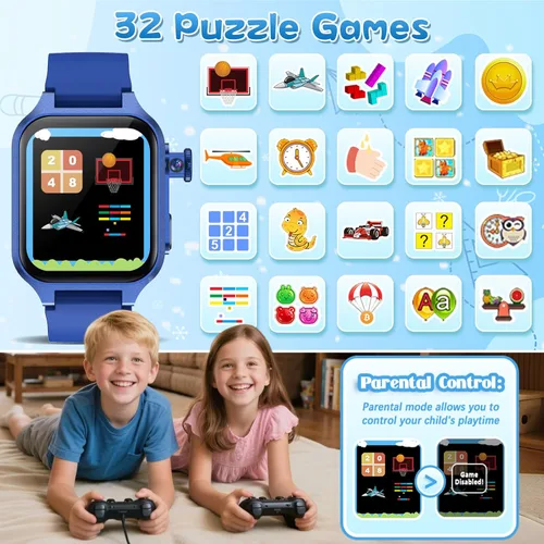 Miniatura 5 de Reloj inteligente de juego para niños con 32 juegos, cámara telescópica, podómetro, alarma, video, música, audiolibro, tarjeta de aprendizaje