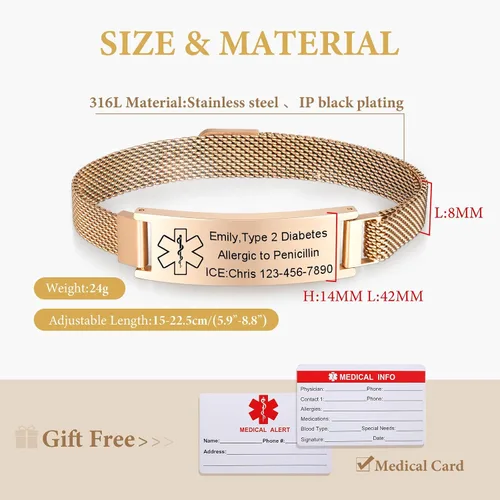 Miniatura 5 de VNOX Pulsera de identificación de alerta médica para hombres y mujeres, pulseras de alerta médica con grabado personalizado para mujeres y hombres