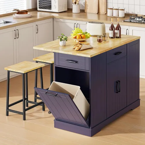 ONBRILL Islas de Cocina Estacionarias Incluyen 2 Sillas, Isla de Cocina de 47" con Hoja Abatible, Mesa de Bar para el Hogar con Estante de Especias