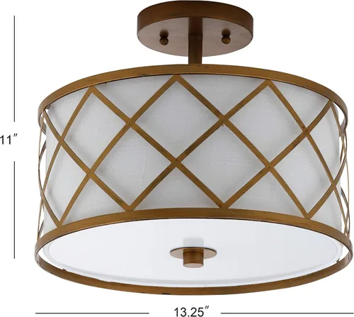 Miniatura 5 de JONATHAN Y Lámpara de techo LED de metal dorado de 13.25 pulgadas, lámpara de tambor de celosía moderna con pantalla de lino blanco, 2 luces