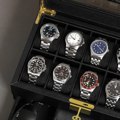 Miniatura 14 de ROTHWELL Caja de reloj de cuero de 10 ranuras con cajón de valet, organizador de exhibición de lujo con forro de microgamuza ultrasuave, soporte