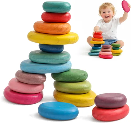 OESSUF Rocas apilables extragrandes para niños pequeños de 1 a 3 años, 16 piezas de juguetes Montessori de madera, piedras de equilibrio jumbo