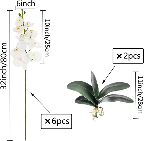 Miniatura 2 de FagusHome 6 piezas de flores artificiales de Phalaenopsis con 2 paquetes de hojas, flores artificiales de orquídea para decoración del hogar