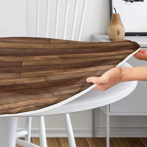 Miniatura 3 de Mantel redondo de granja ajustable con borde elástico, mantel de madera marrón para exteriores, funda impermeable para mesa, decoración para picnic