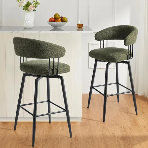 Miniatura 9 de Glitzhome Juego de 2 taburetes de bar giratorios de 31.5 pulgadas de altura de asiento, modernos taburetes de bar de tela verde cazador de mediados