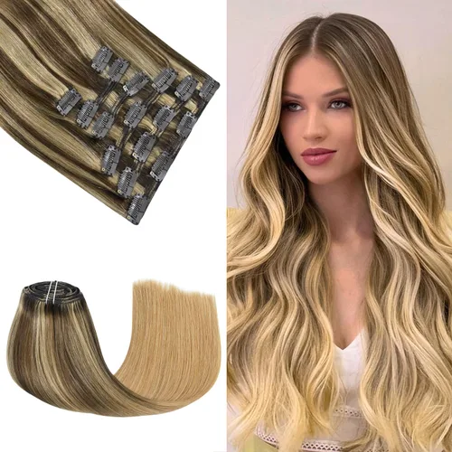 Miniatura 18 de Honsoo Extensiones de cabello humano real de color marrón con pinzas, marrón castaño, 15 pulgadas, 70 g, 7 unidades, cabello lacio sedoso y marrón