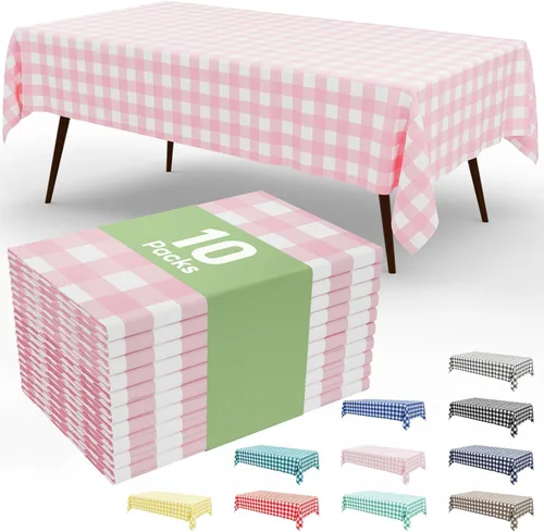 Miniatura 58 de Smiry Paquete de 3 Manteles Desechables de Cuadros Gingham Color Caqui - 54" x 72" Mantel de Plástico de Servicio Pesado, Cubiertas de Mesa