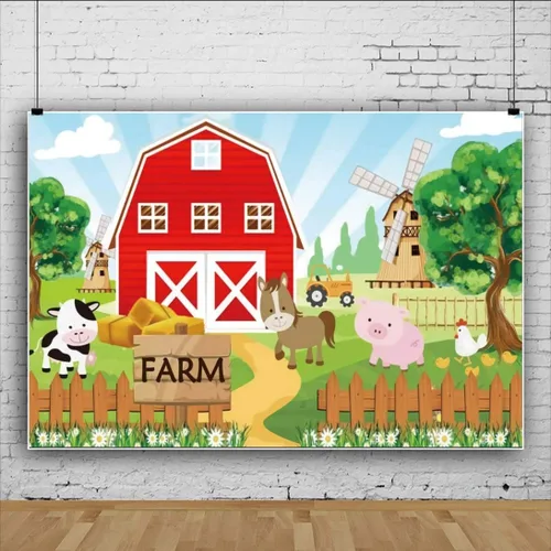 Miniatura 3 de Fondo de dibujos animados de 5 x 3 pies, diseño de granja de animales de casa roja, molino de viento, zoológico, lindo cerdo, vaca, animal, fondo