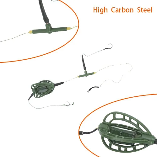 Miniatura 6 de Alimentador de jaula de cebo de pesca de carpa con plataformas de gancho de alambre, dispositivo de trampa de anidación de línea larga
