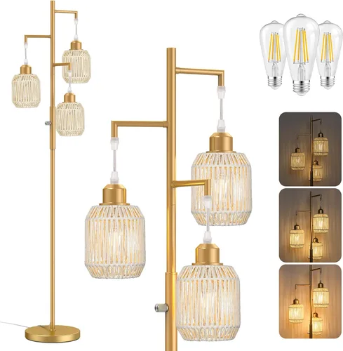 Miniatura 12 de ROTTOGOON Lámpara de Pie Bohemia Regulable - Lámpara de Pie de Ratán de Granja de 3 Luces para Sala de Estar, Lámparas de Pie Industriales tipo