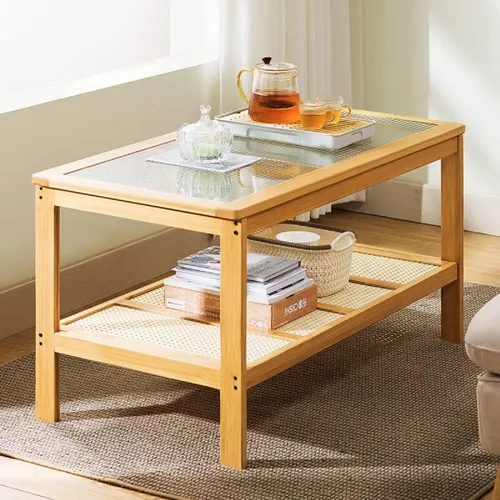 Miniatura 6 de Gdrasuya10 Mesa de centro moderna de bambú para sala de estar, mesa auxiliar rectangular de 2 niveles, mesa central de vidrio, estante