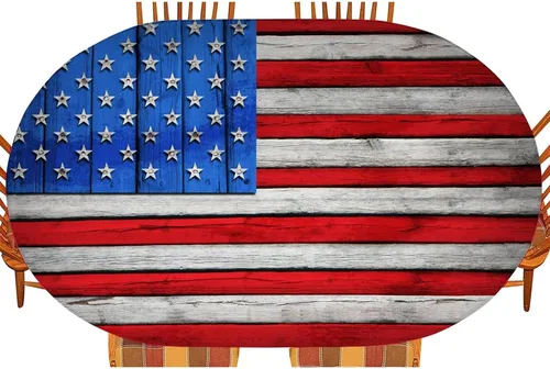 Miniatura 2 de Mantel de mesa ovalado con bandera estadounidense, mantel con bandera estadounidense sobre madera, cubierta elástica ajustada para el día