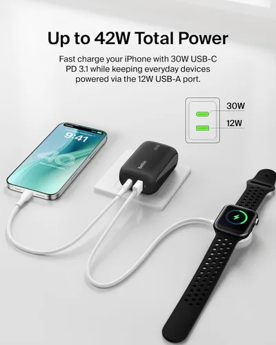 Miniatura 3 de Belkin Bloque de cargador de doble puerto de 42 W, cargador USB-C + USB-A de carga súper rápida - Samsung Galaxy S26, Apple iPhone 17, Air, Pro, Pro