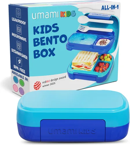 Umami Lonchera Bento todo en 1 para niños, paquete de hielo y utensilios incluidos, 100% a prueba de fugas y sin BPA, lonchera favorita de los Azul