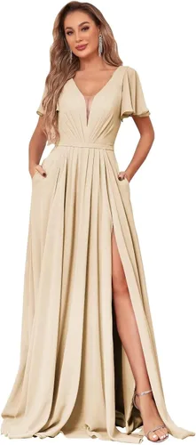 VCCICANY Vestidos de dama de honor de gasa para boda con abertura, manga corta, cuello en V, vestido de fiesta de boda
